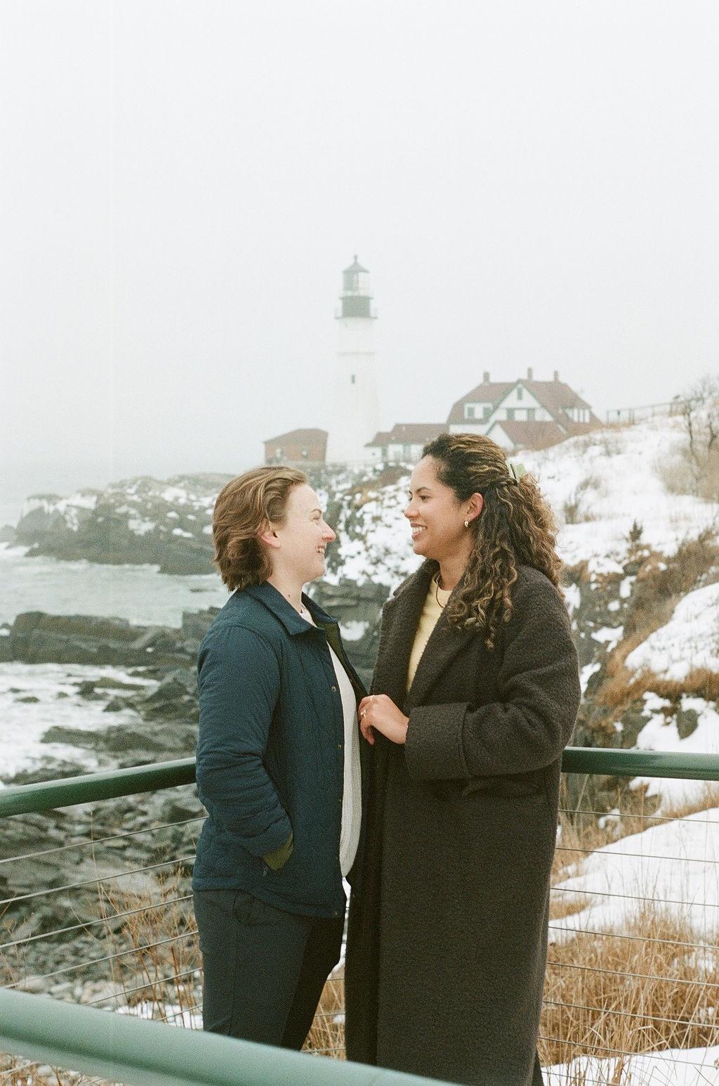 Queer Surprise Proposal and Engagement Session on Film at Portland Headlight